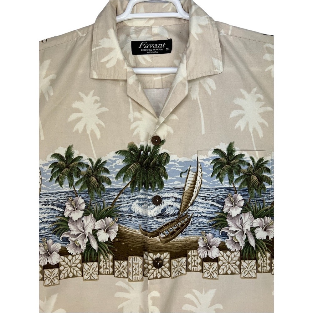 Vintage Favant 100% Cotton Hawaiian Aloha Tiki Canoes on Beige XL Shirt